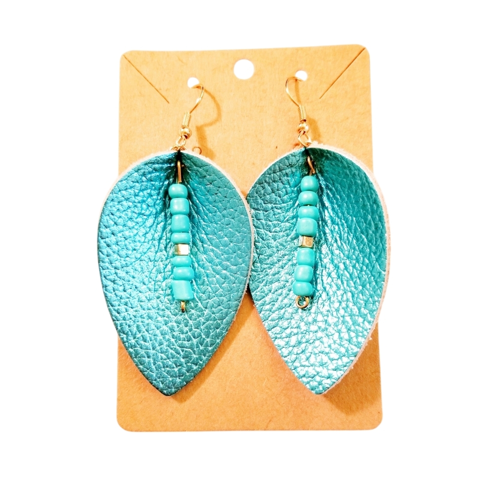 Metallic Turquoise Leather Leaf Earrings w/ Seed Beads. NWT